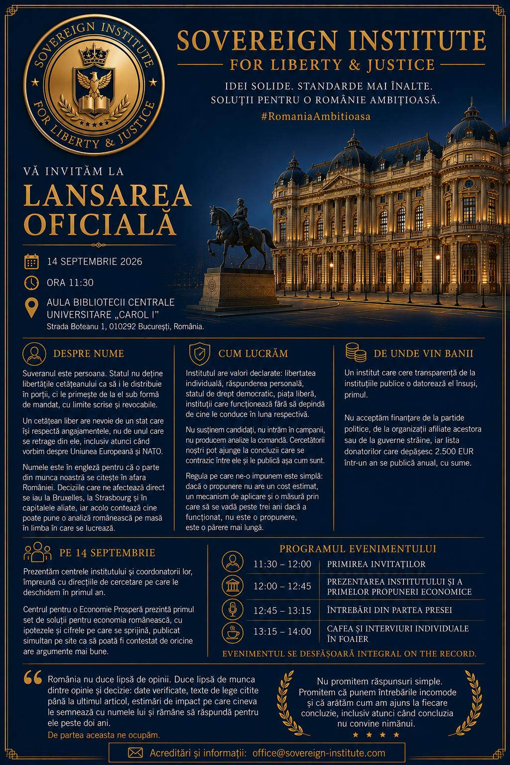 Afiș Lansare Oficială Sovereign Institute 14 Septembrie 2026